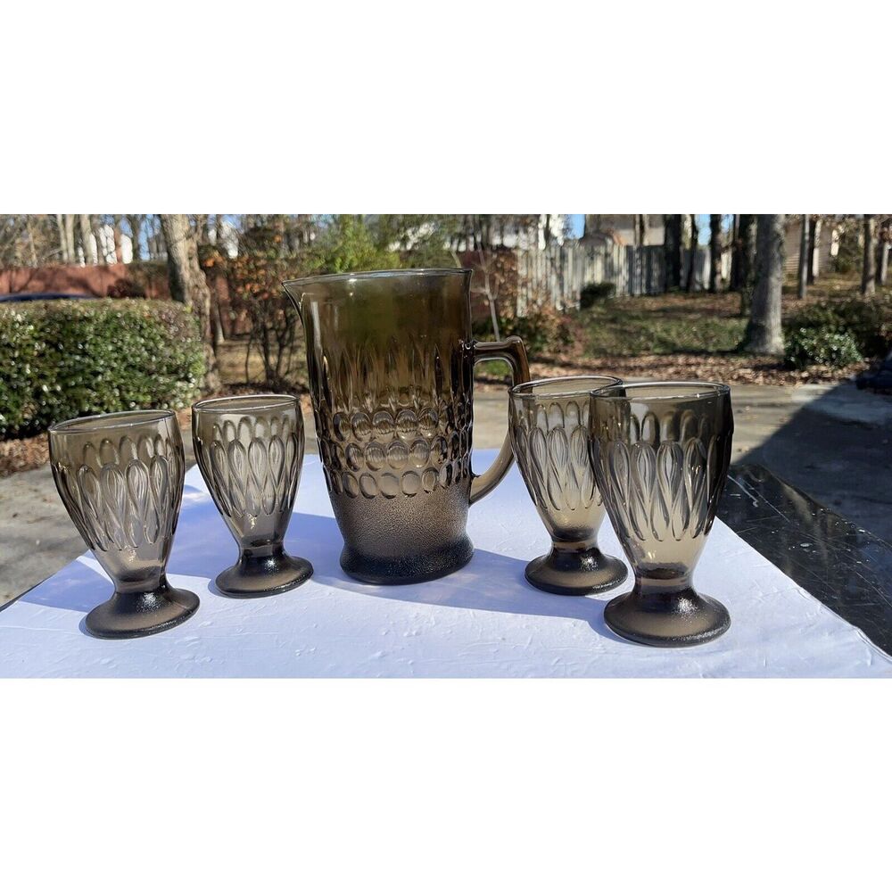 5 Piece Vintage Refreshment Set Smoky Dark Brown Pitcher & 4 Glasses Unique Rare